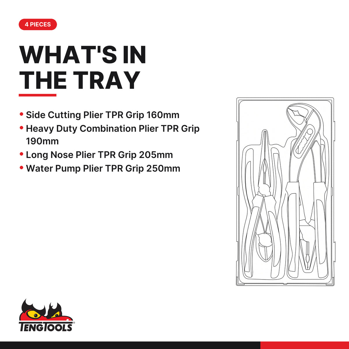 Teng Tools TT440-T Plier Set TPR Grip TT1 4 Pieces, what's in the tray