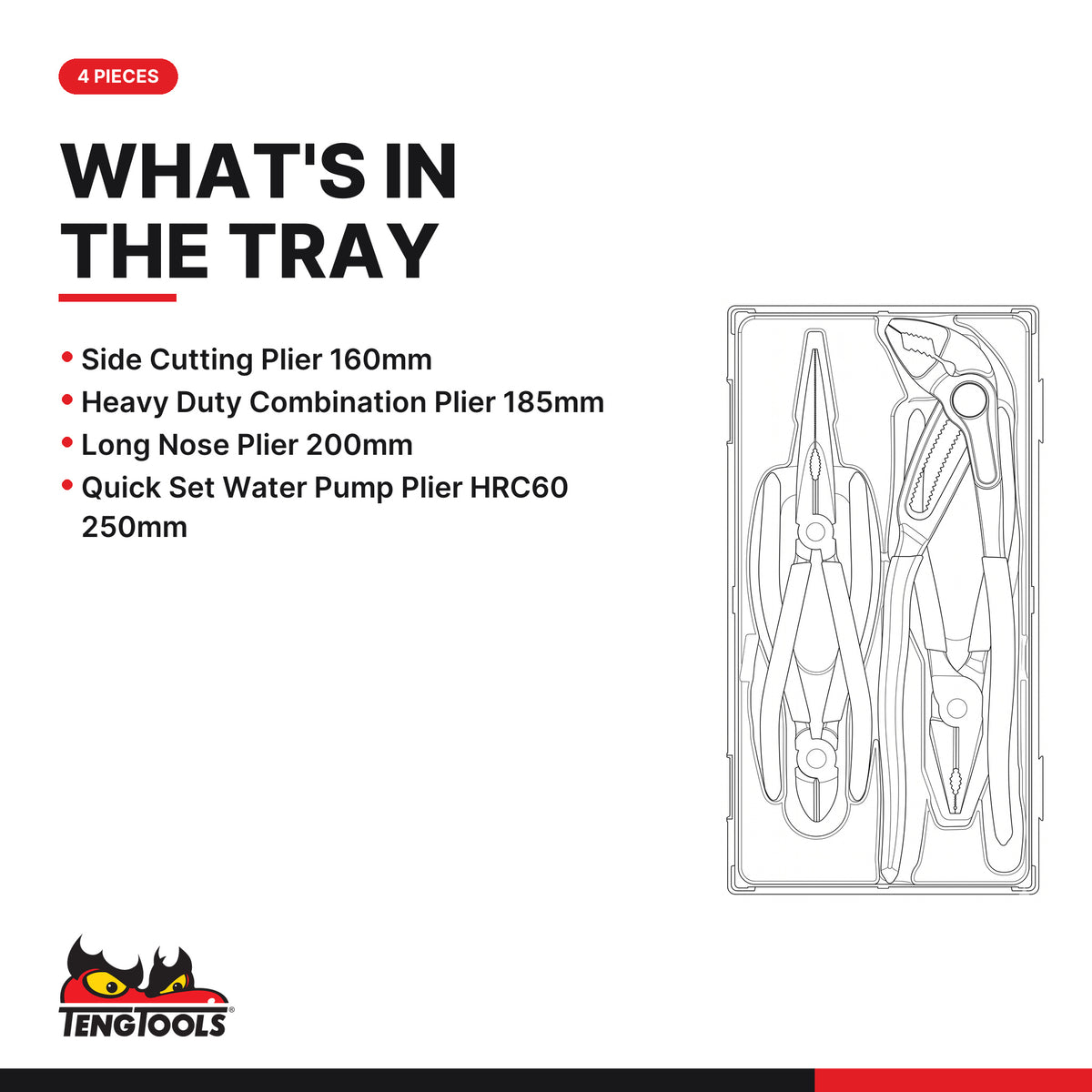 Teng Tools TT440Q Plier Set Vinyl Grip Q TT1 4 Pieces, what's in the tray