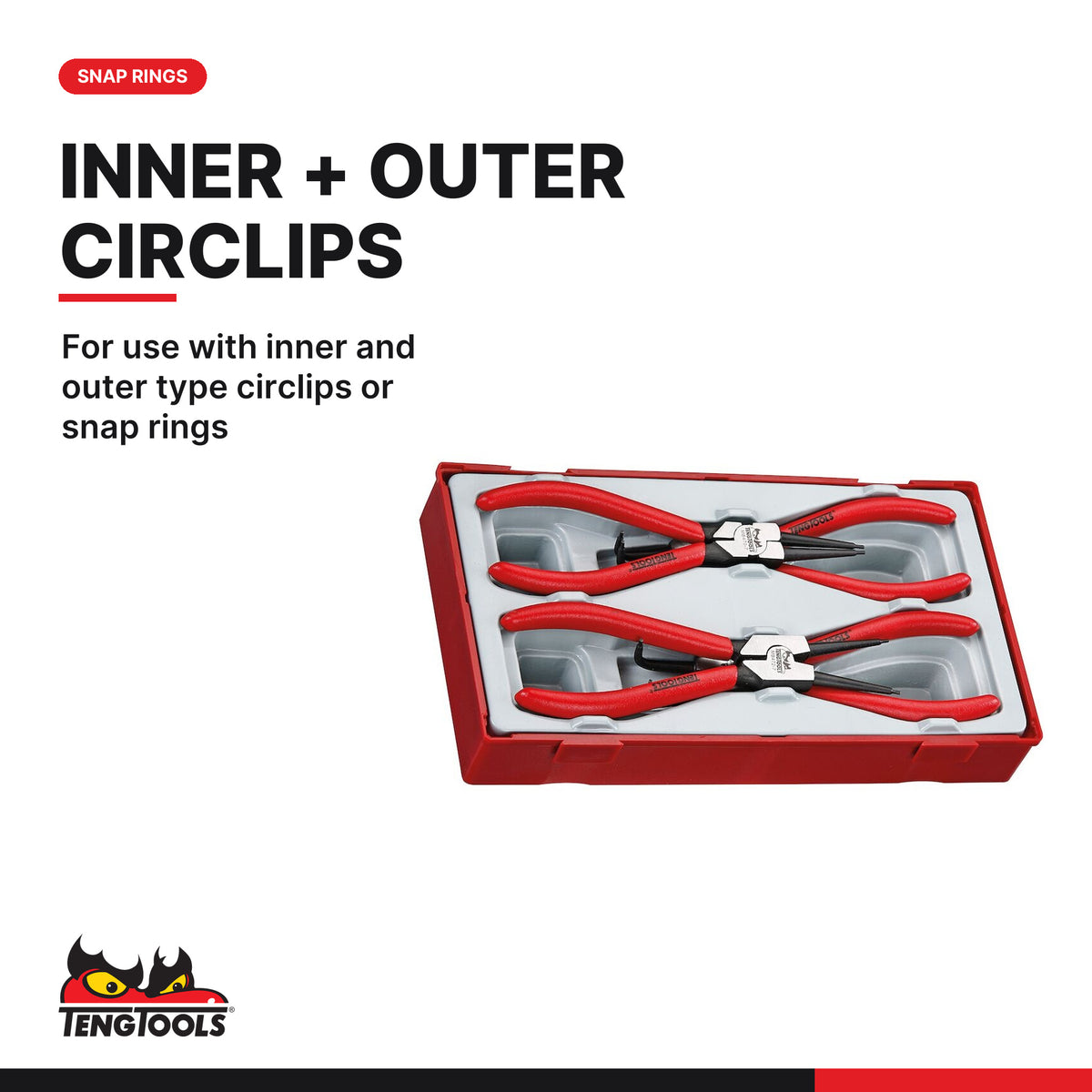 Teng Tools TT474-7 Circlip Plier Set 19-60 mm TT1 4 Pieces, for use with inner and outer type circlips or snap rings