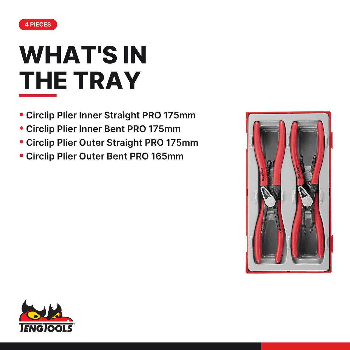 Teng Tools TT474-7E Circlip Plier Set PRO 19-60 mm TT1 4 Pieces, what's in the tray