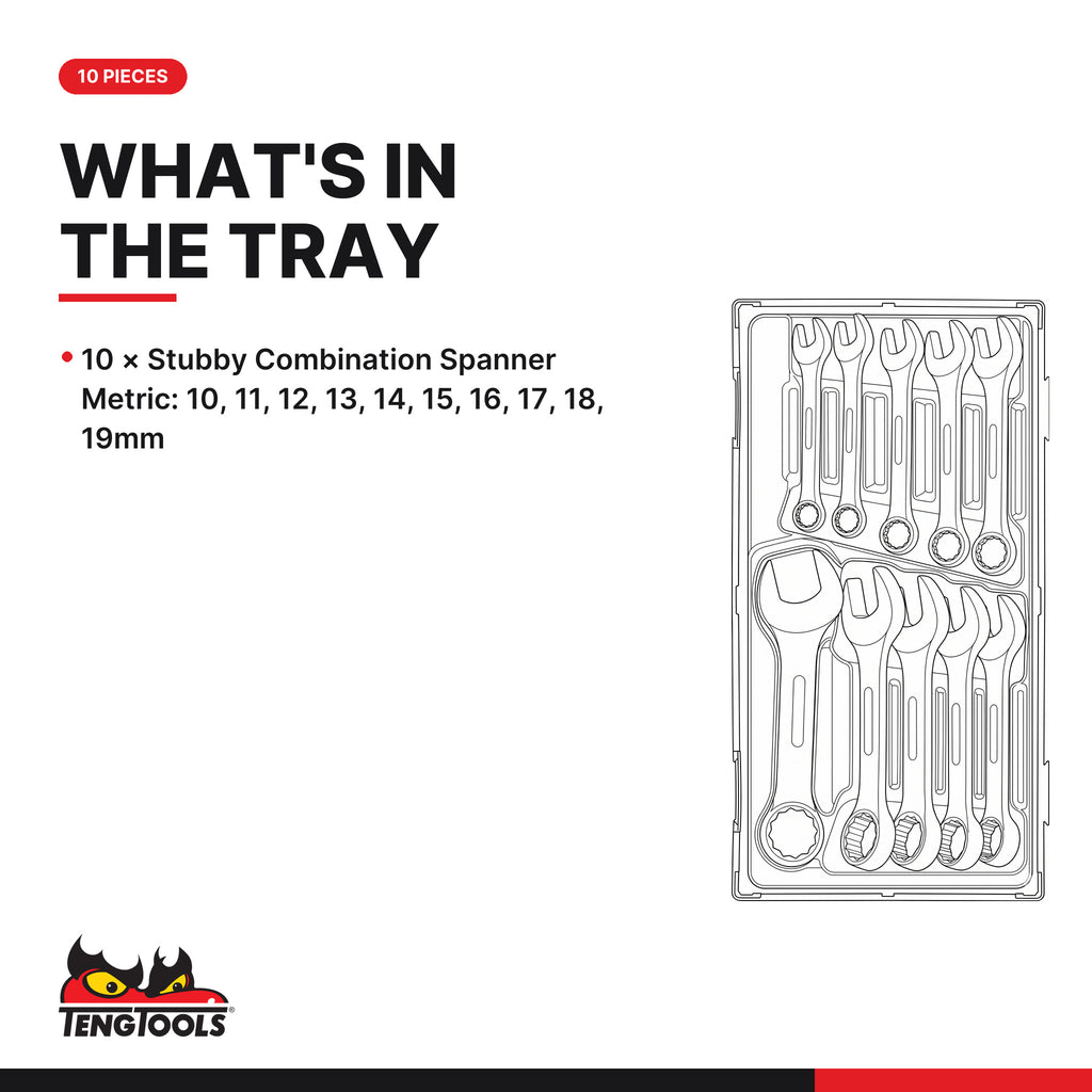 Teng Tools TT6010M Stubby Combination Spanner Set TT1 10 Pieces, what's in the tray