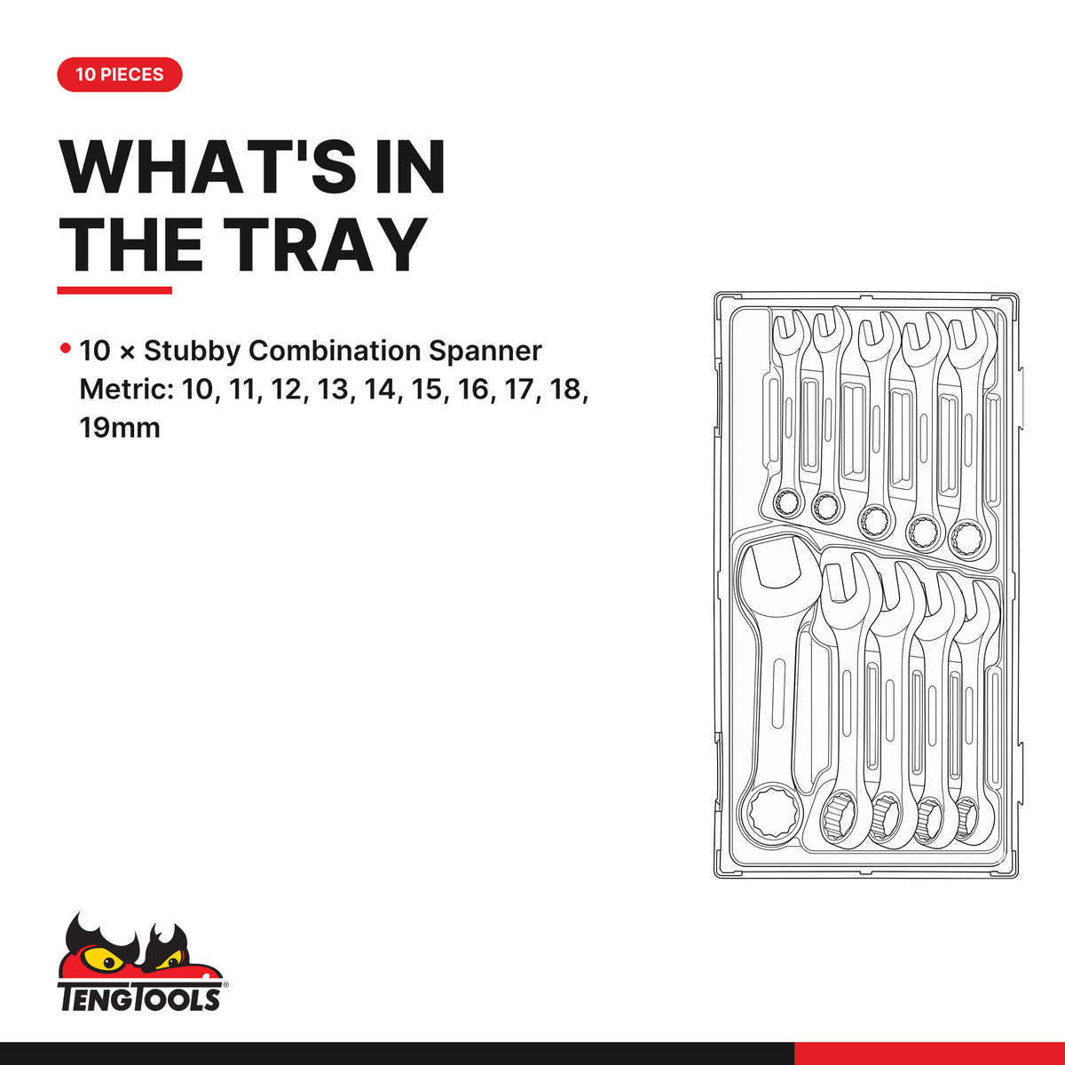 Teng Tools TT6010M Stubby Combination Spanner Set TT1 10 Pieces, what's in the tray