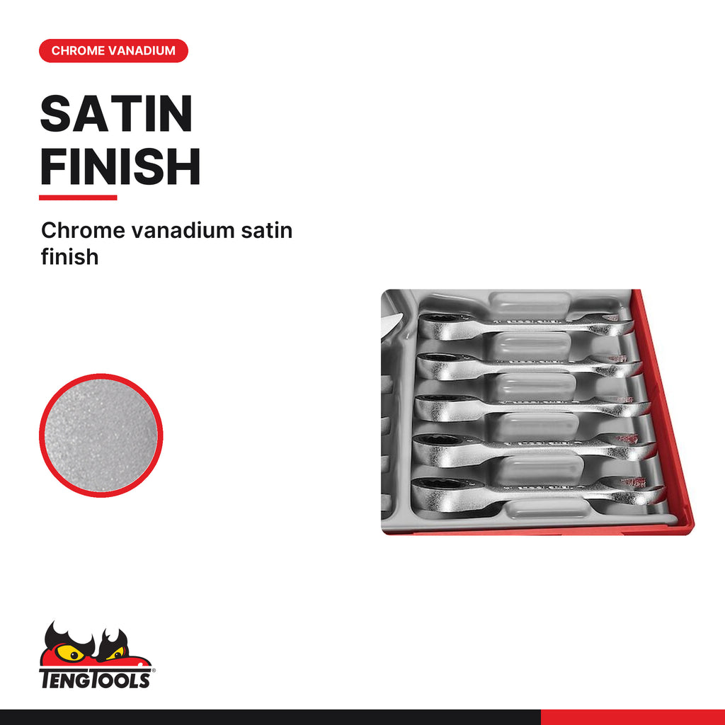 Teng Tools TT6010MRS Stubby Ratcheting Combination Spanner Set TT1 10 Pieces, chrome vanadium satin finish
