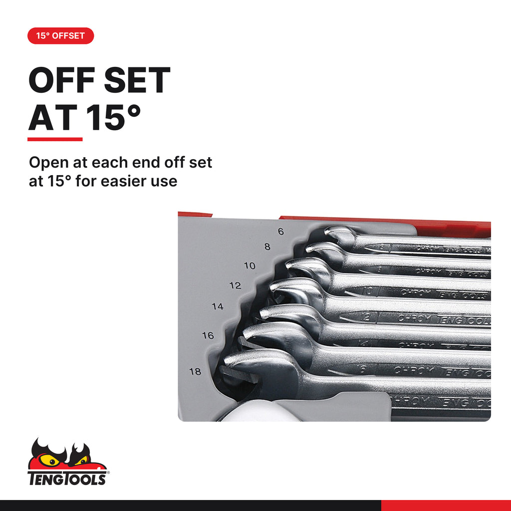 Teng Tools TT6208 Double Open Ended Spanner Set TT1 8 Pieces, open at each end off set at 15° for easier use