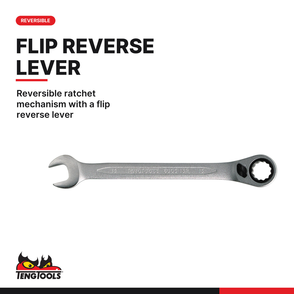 Teng Tools TT6508R Ratcheting Combination Spanner Set R TT1 8 Pieces, reversible ratchet mechanism with a flip reverse lever