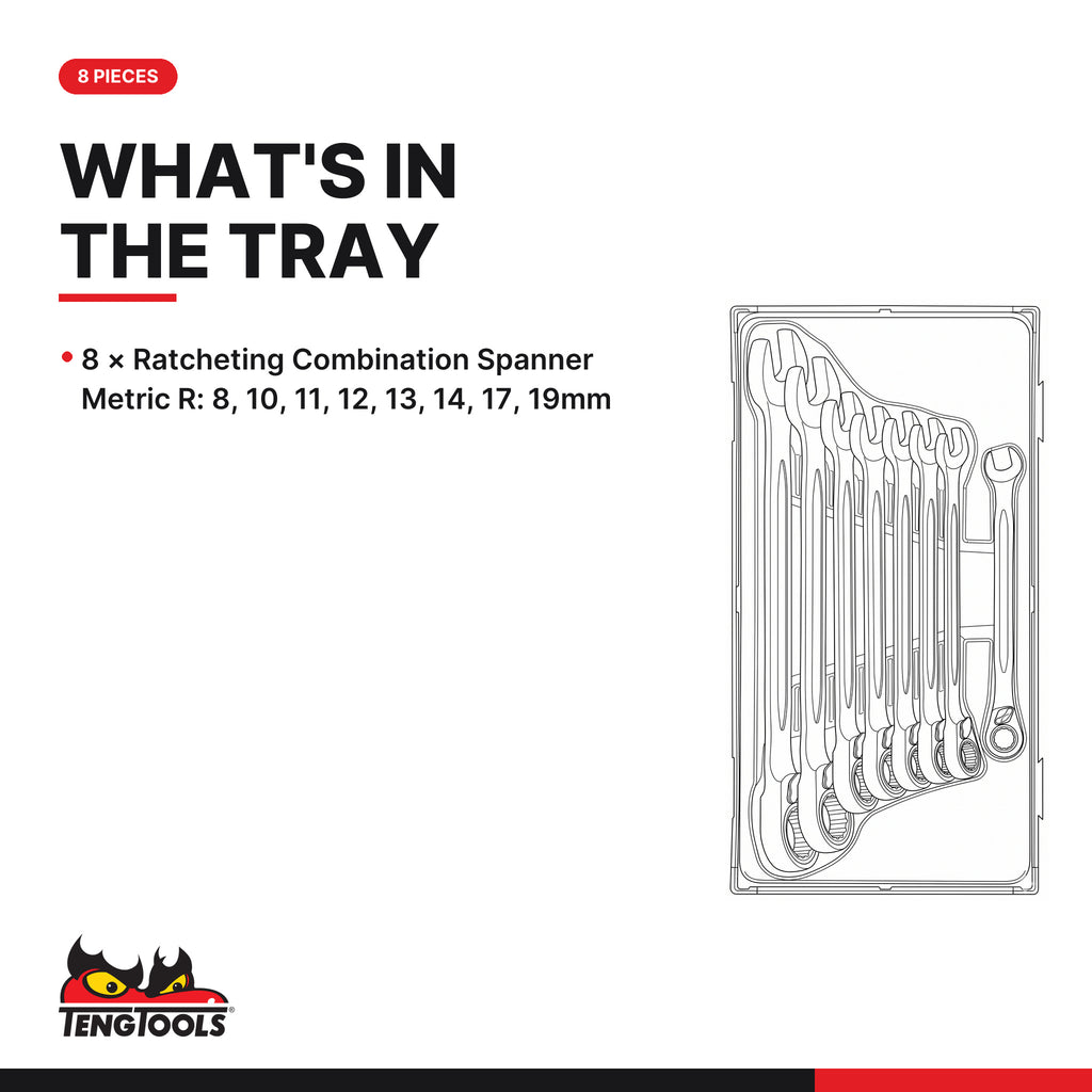 Teng Tools TT6508R Ratcheting Combination Spanner Set R TT1 8 Pieces, what's in the tray