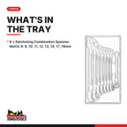 Teng Tools TT6508R Ratcheting Combination Spanner Set R TT1 8 Pieces, what's in the tray