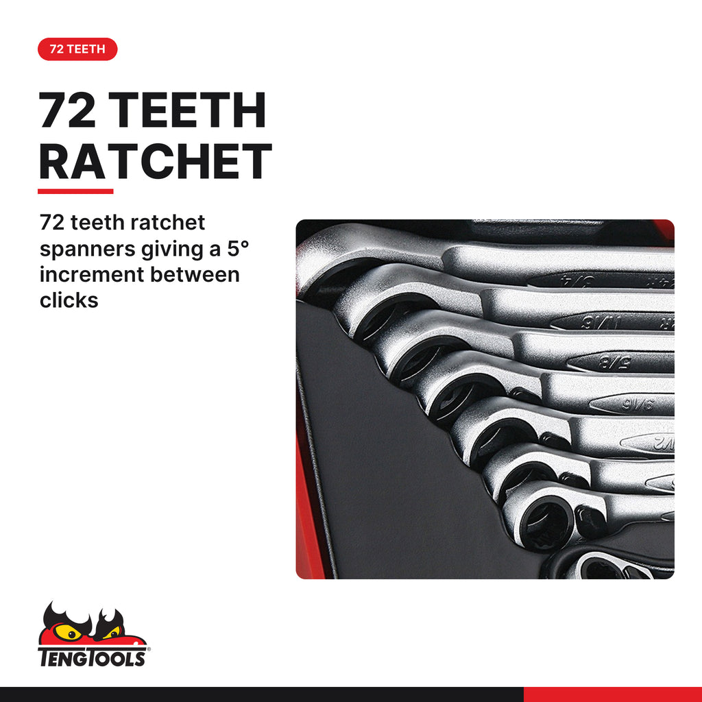 Teng Tools TT6508RAF Ratcheting Combination Spanner Set R AF TT1 8 Pieces, 72 teeth ratchet spanners giving a 5° increment be