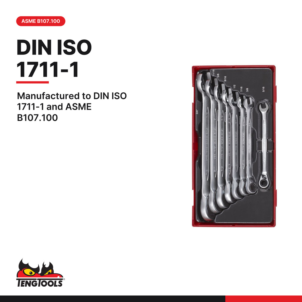 Teng Tools TT6508RAF Ratcheting Combination Spanner Set R AF TT1 8 Pieces, manufactured to din iso 1711-1 and asme b107.100