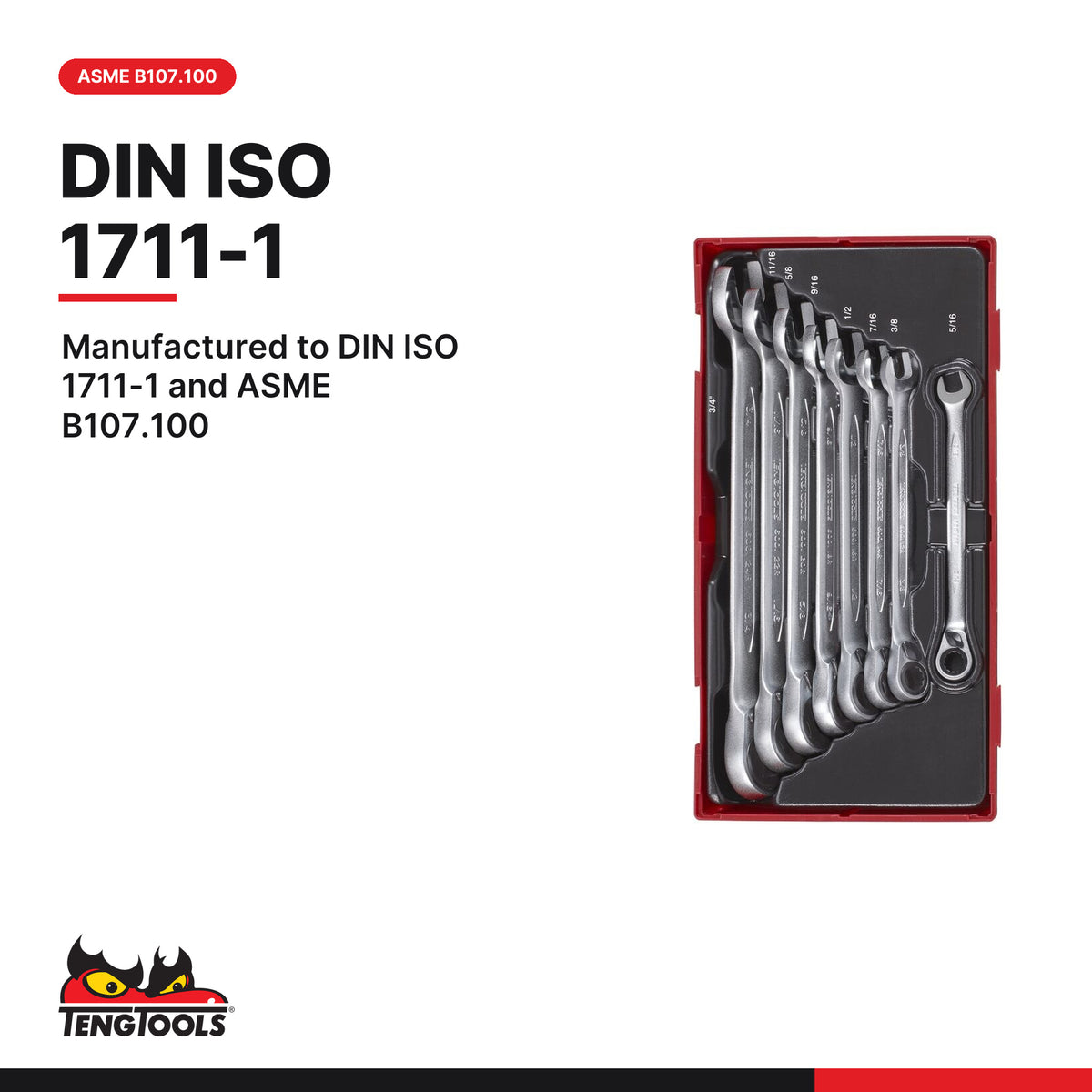 Teng Tools TT6508RAF Ratcheting Combination Spanner Set R AF TT1 8 Pieces, manufactured to din iso 1711-1 and asme b107.100