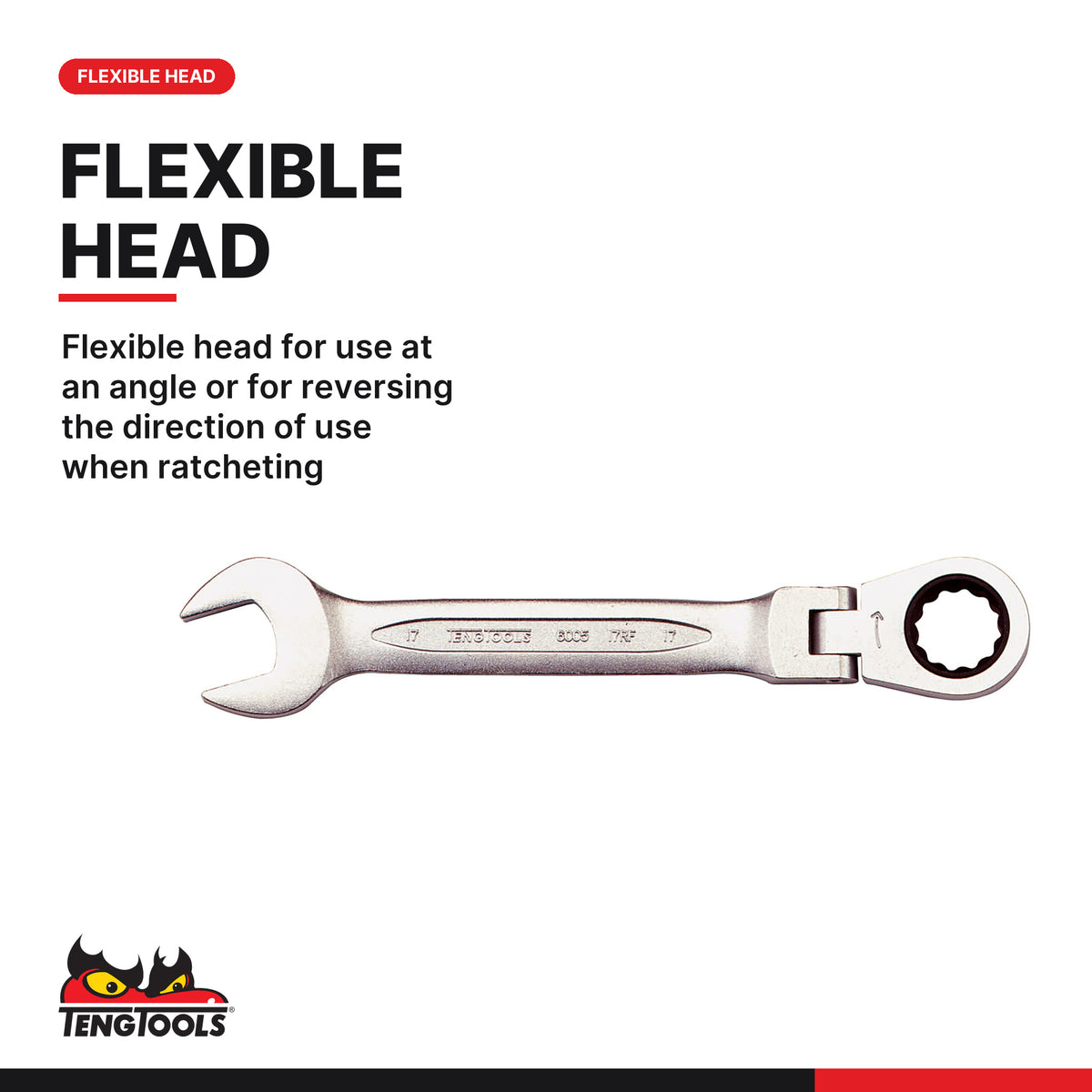 Teng Tools TT6508RF Ratcheting Combination Spanner Set RF TT1 8 Pieces, flexible head for use at an angle or for reversing th