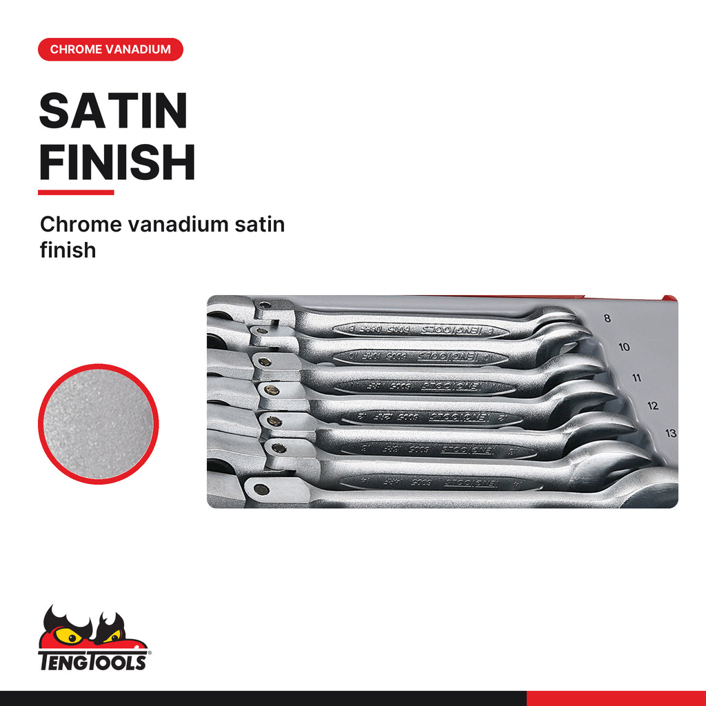 Teng Tools TT6508RF Ratcheting Combination Spanner Set RF TT1 8 Pieces, chrome vanadium satin finish