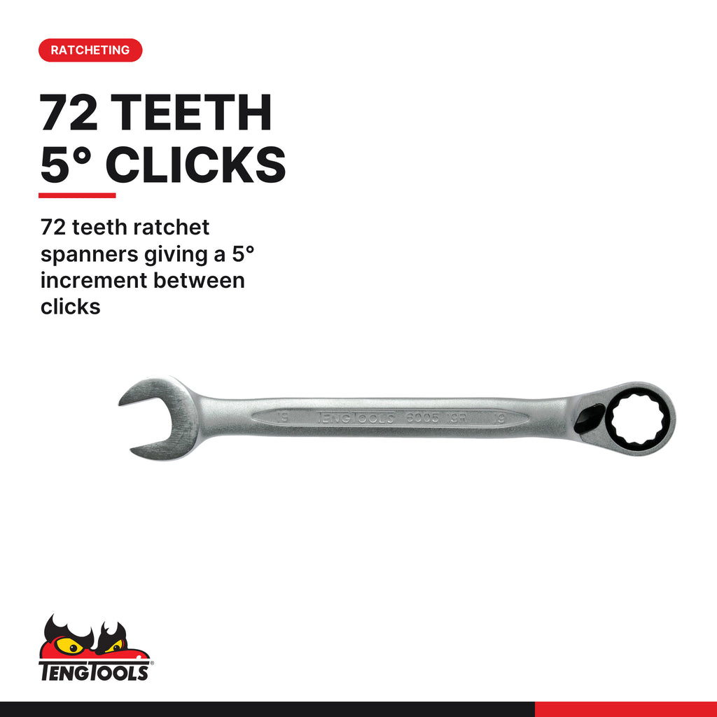 Teng Tools TT6511R Ratcheting Combination Spanner Set R TT1 11 Pieces, 72 teeth ratchet spanners giving a 5° increment betwee