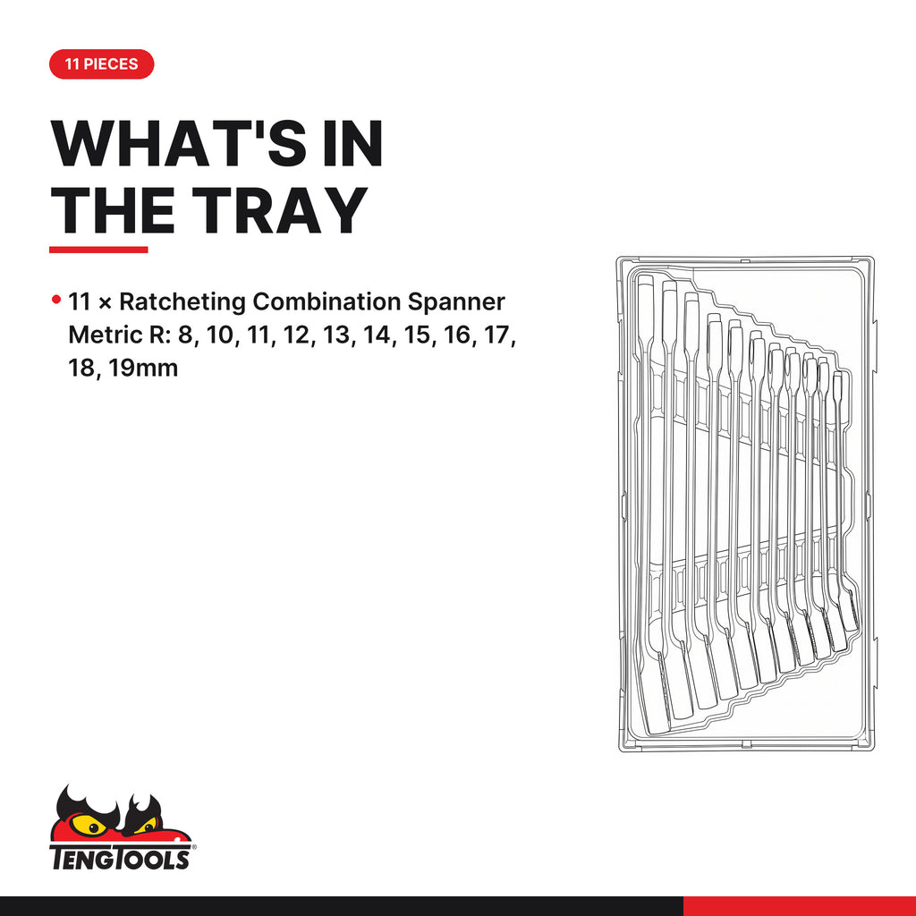 Teng Tools TT6511R Ratcheting Combination Spanner Set R TT1 11 Pieces, what's in the tray