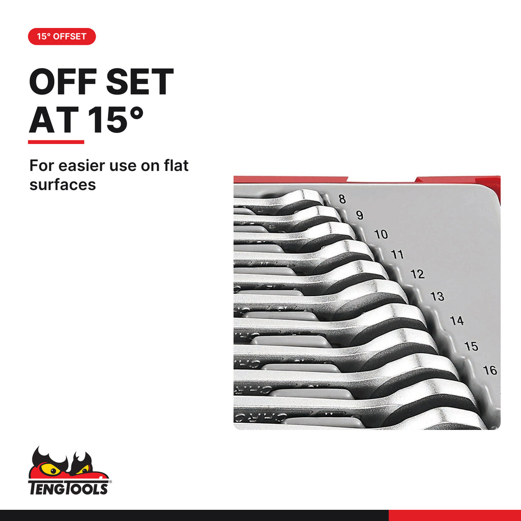 Teng Tools TT8012 Combination Spanner Set Anti Slip TT1 12 Pieces, for easier use on flat surfaces