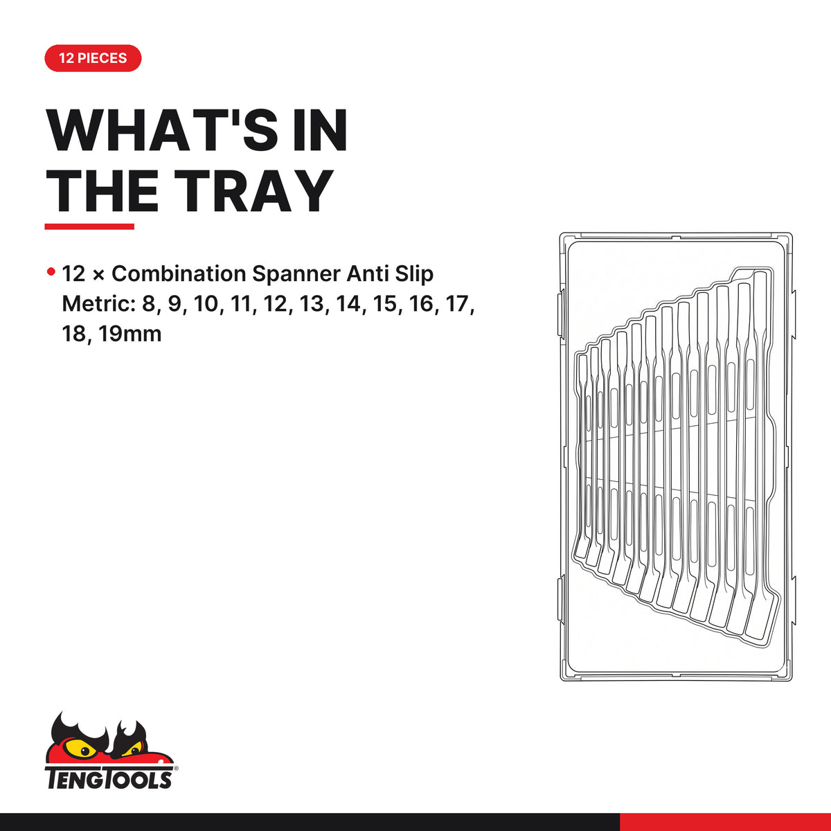 Teng Tools TT8012 Combination Spanner Set Anti Slip TT1 12 Pieces, what's in the tray