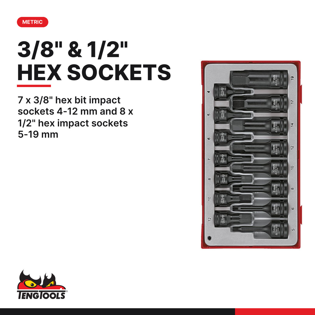 Teng Tools TT9015HX 3/8" & 1/2" Hex Impact Socket Set DIN TT1 15 Pieces, 7 x 3/8" hex bit impact sockets 4-12 mm and 8 x 1/2"