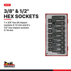 Teng Tools TT9015HX 3/8" & 1/2" Hex Impact Socket Set DIN TT1 15 Pieces, 7 x 3/8" hex bit impact sockets 4-12 mm and 8 x 1/2"