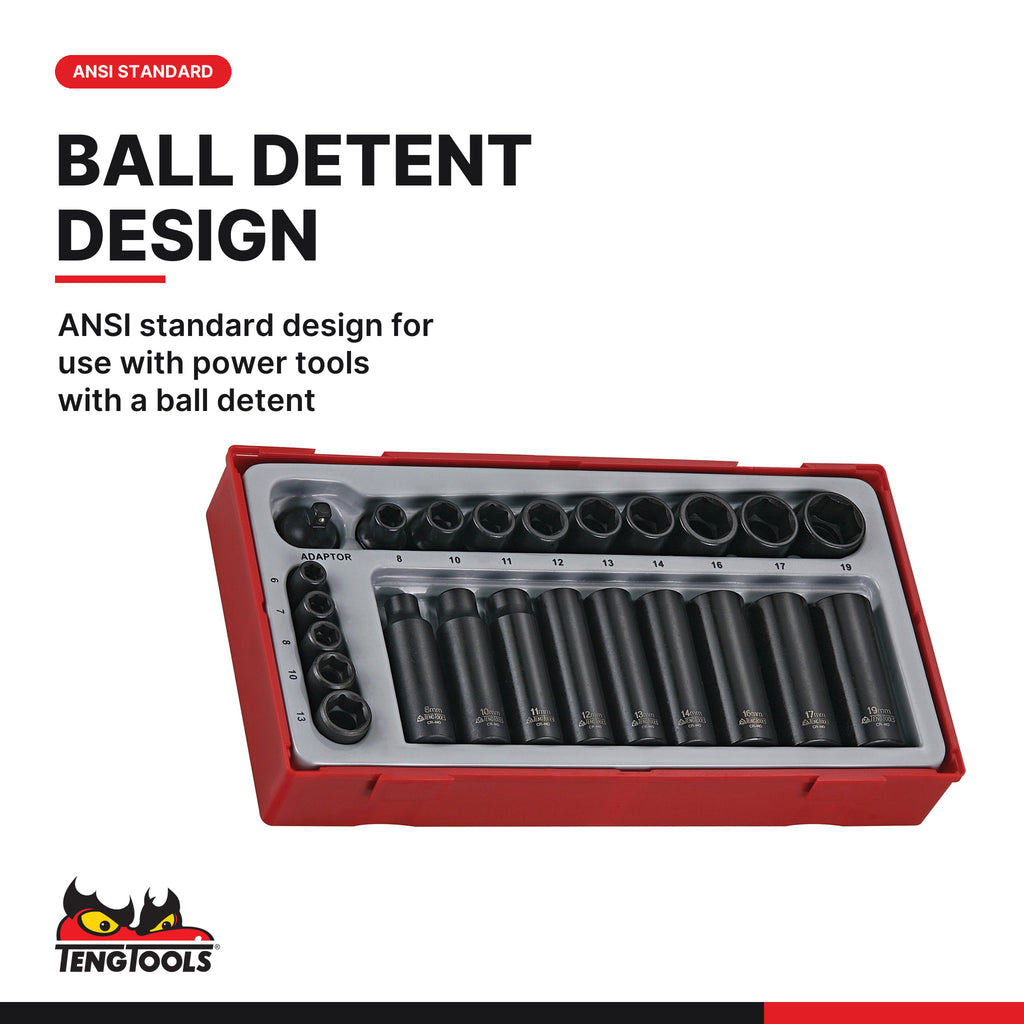 Teng Tools TT9024 1/4" & 3/8" Impact Socket Set ANSI TT1 24 Pieces, ansi standard design for use with power tools with a ball
