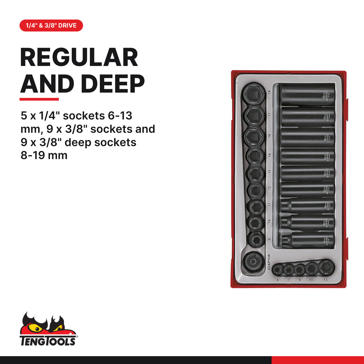 Teng Tools TT9024 1/4" & 3/8" Impact Socket Set ANSI TT1 24 Pieces, 5 x 1/4" sockets 6-13 mm, 9 x 3/8" sockets and 9 x 3/8" d