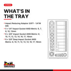Teng Tools TT9024 1/4" & 3/8" Impact Socket Set ANSI TT1 24 Pieces, what's in the tray