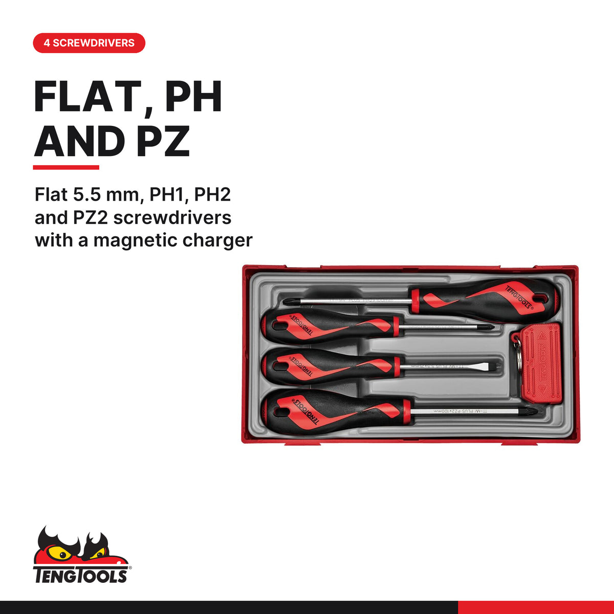 Teng Tools TT905N Screwdriver set with magnetic charger TT1 5 pieces, flat 5.5 mm, ph1, ph2 and pz2 screwdrivers with a magne