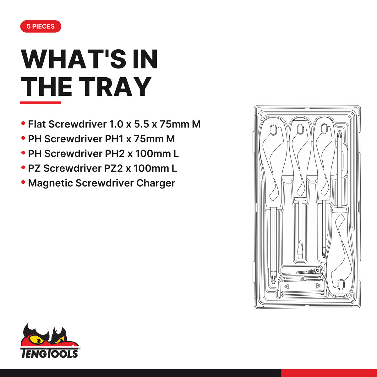 Teng Tools TT905N Screwdriver set with magnetic charger TT1 5 pieces, what's in the tray