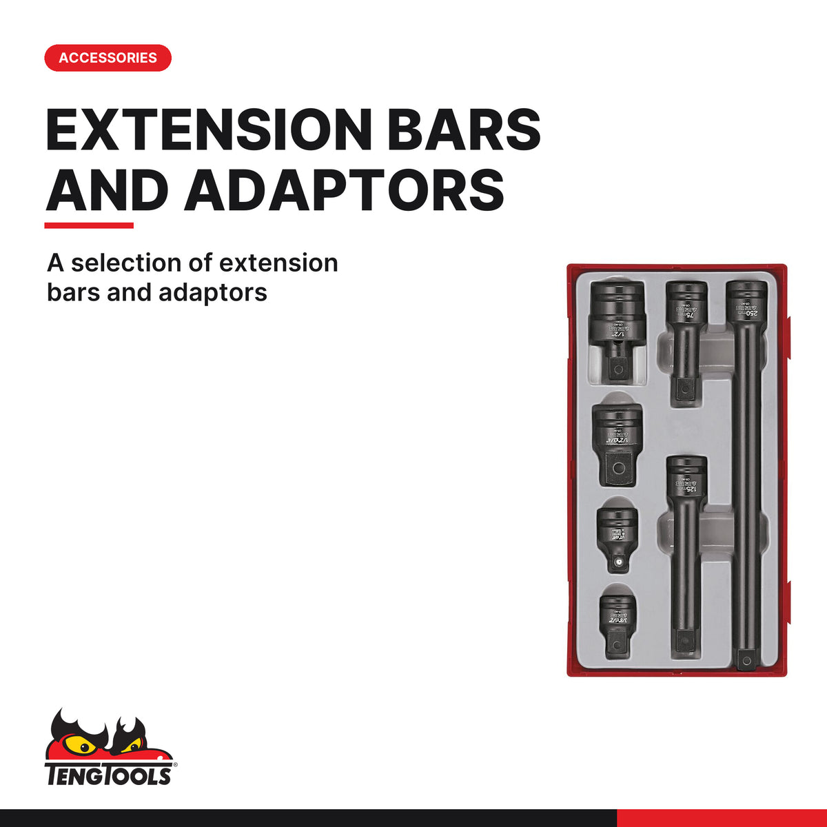 Teng Tools TT9207 7 Piece 1/2 Inch Drive Adaptor, Extension and Impact, A selection of extension bars and adaptors