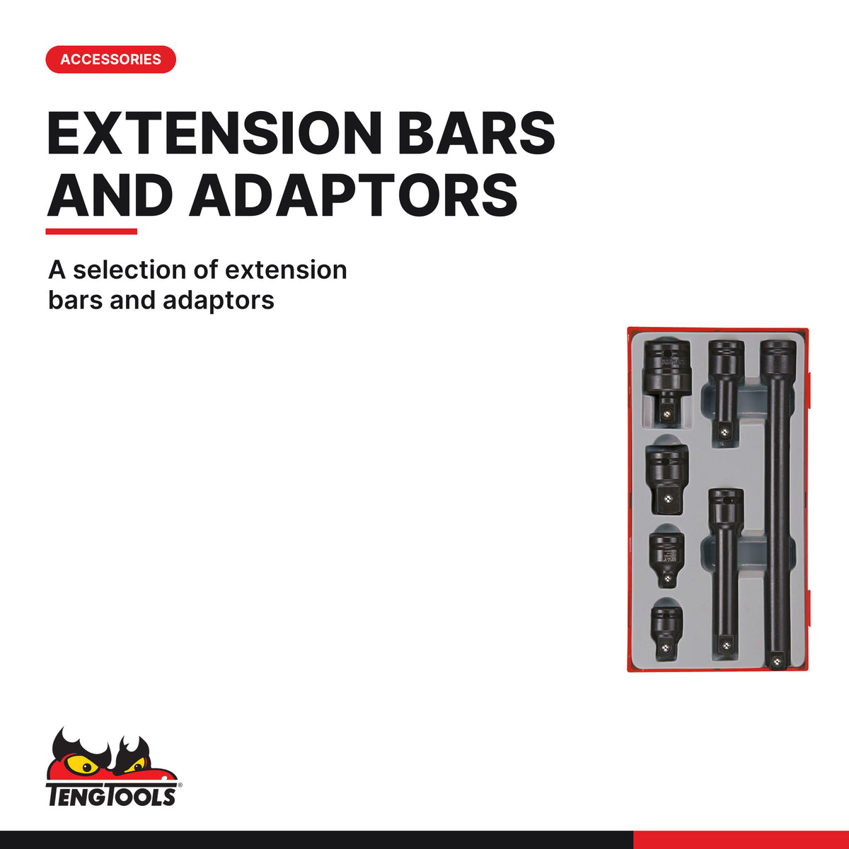 Teng Tools TT9207A 7 Piece 1/2 Inch Drive ANSI Adapter, Extension Bar, A selection of extension bars and adaptors
