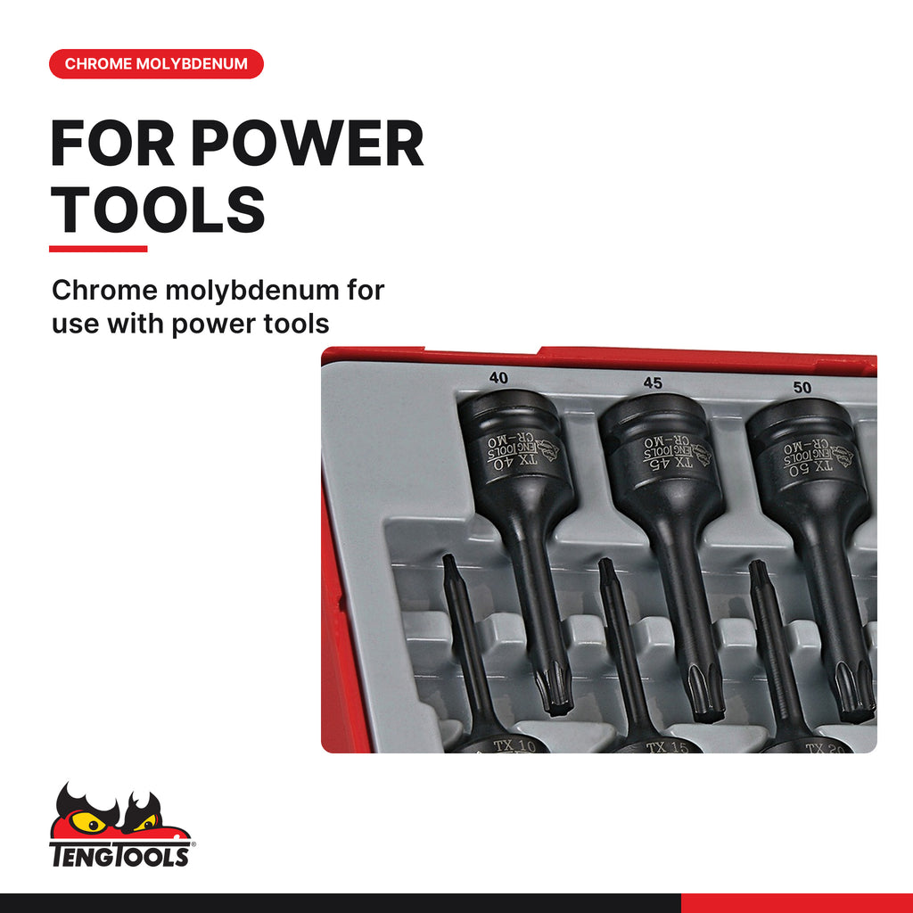 Teng Tools TT9212TX 1/2" TX Impact Socket Set DIN TT1 12 Pieces, chrome molybdenum for use with power tools
