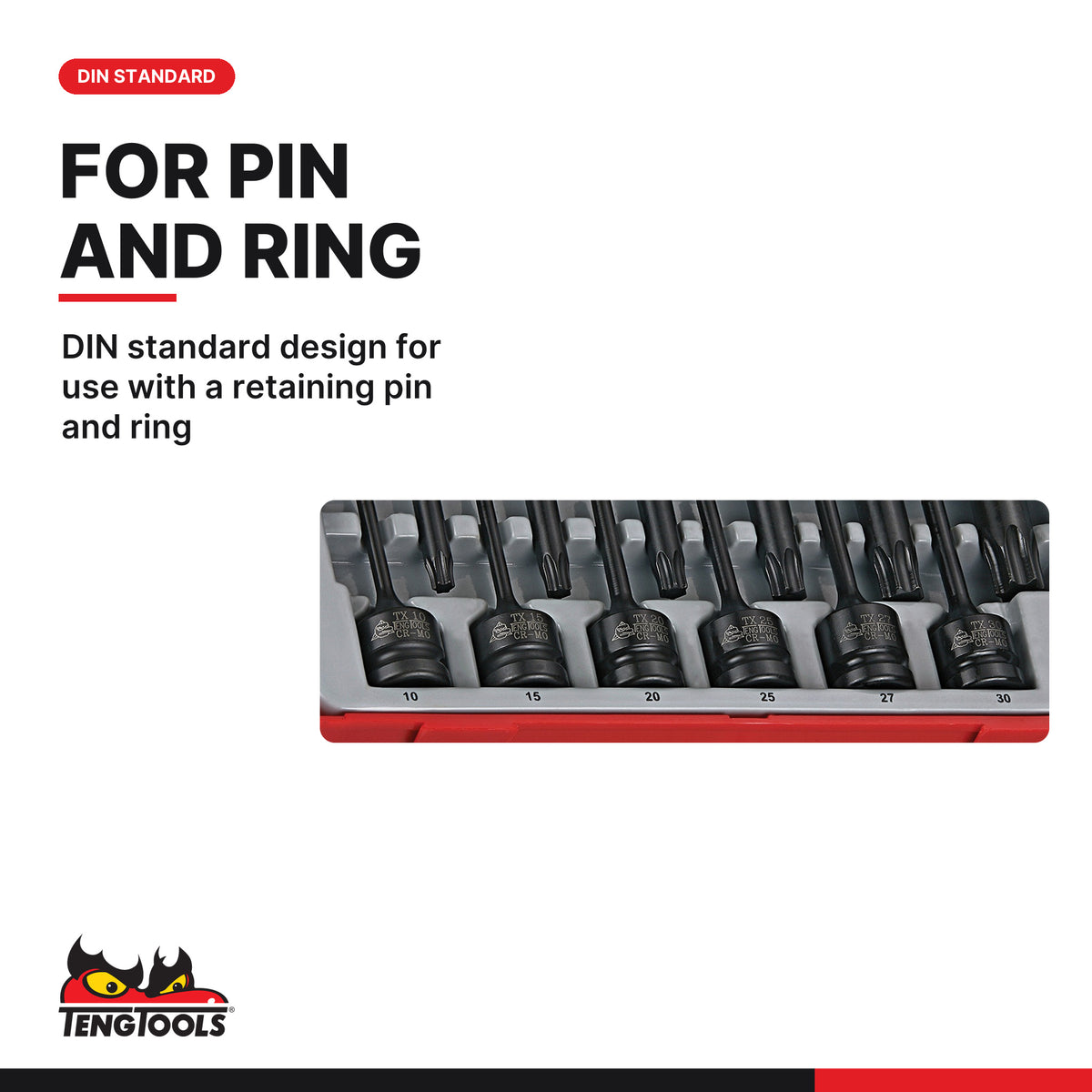 Teng Tools TT9212TX 1/2" TX Impact Socket Set DIN TT1 12 Pieces, din standard design for use with a retaining pin and ring
