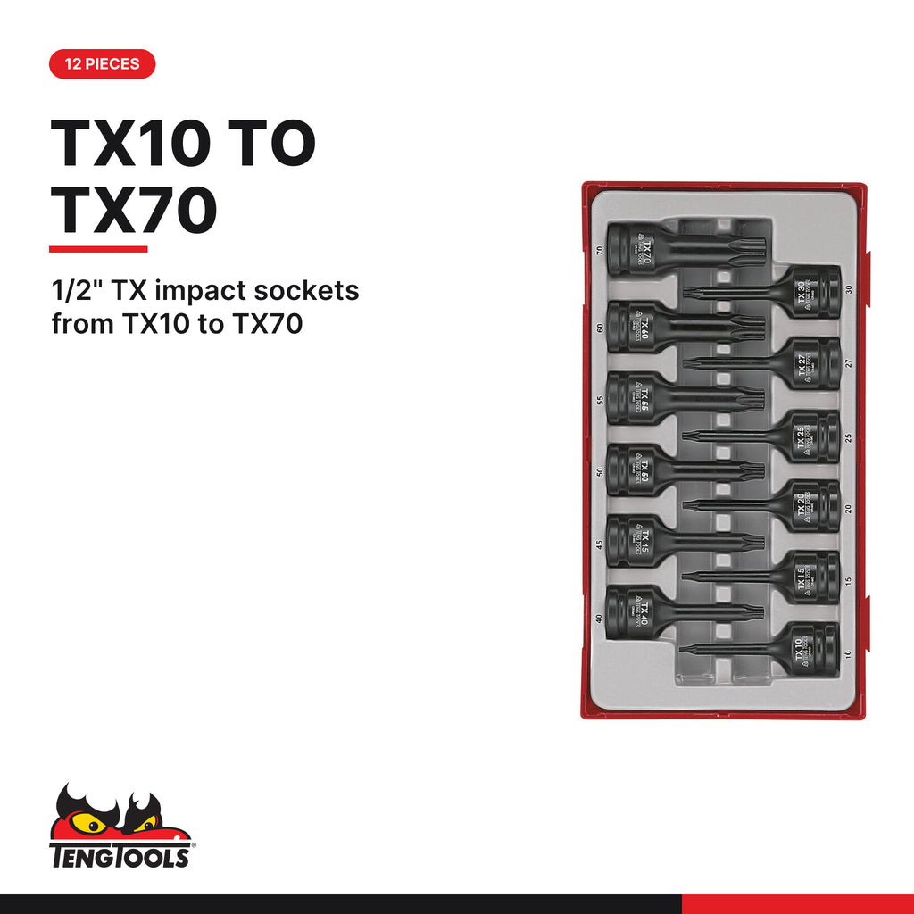 Teng Tools TT9212TX 1/2" TX Impact Socket Set DIN TT1 12 Pieces, 1/2" tx impact sockets from tx10 to tx70