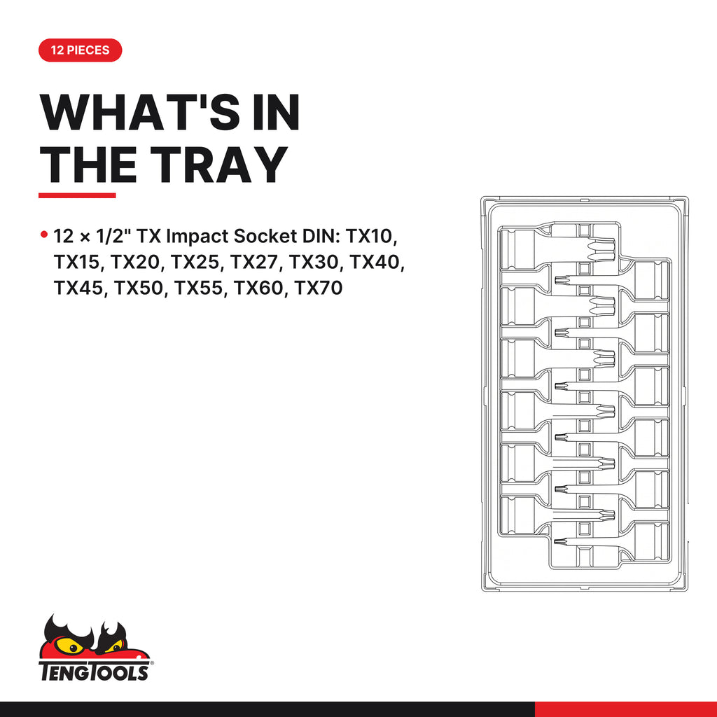 Teng Tools TT9212TX 1/2" TX Impact Socket Set DIN TT1 12 Pieces, what's in the tray