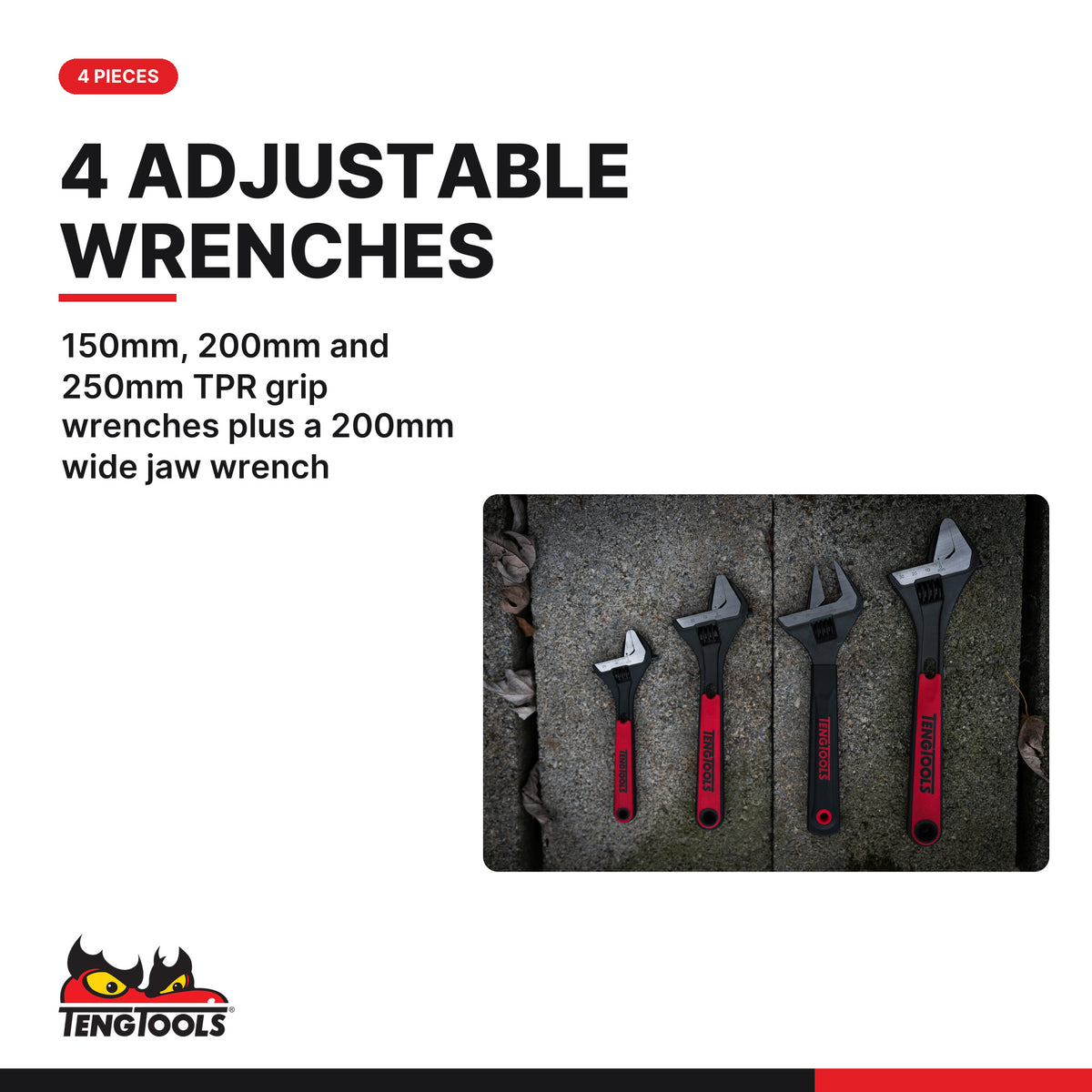 Teng Tools TTADJ04 Adjustable Wrench Set TT1 4 Pieces, 150mm, 200mm and 250mm tpr grip wrenches plus a 200mm wide jaw wrench