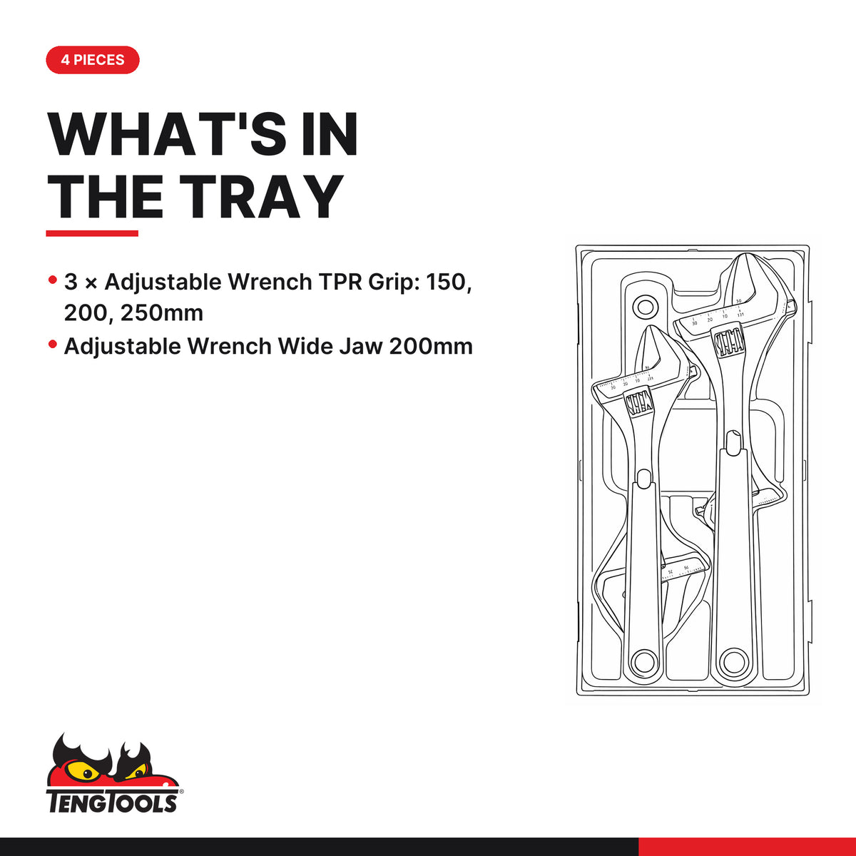 Teng Tools TTADJ04 Adjustable Wrench Set TT1 4 Pieces, what's in the tray