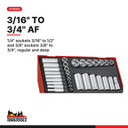 Teng Tools TTAF32 1/4" & 3/8" Socket Set AF 6 pt TT1 32 Pieces, 1/4" sockets 3/16" to 1/2" and 3/8" sockets 3/8" to 3/4", reg