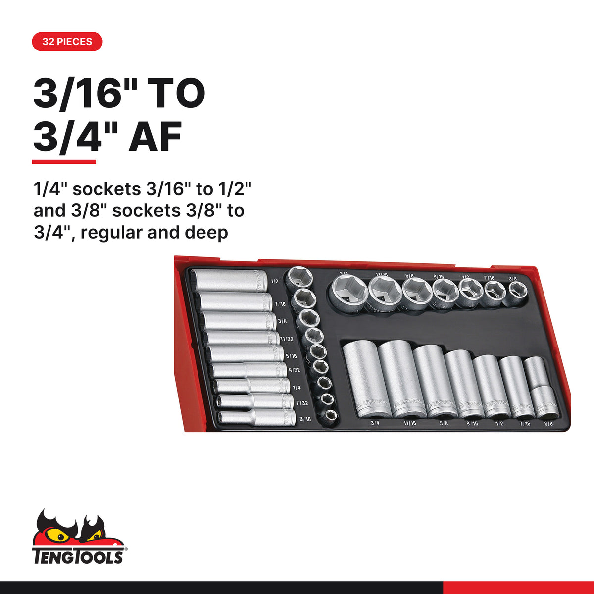 Teng Tools TTAF32 1/4" & 3/8" Socket Set AF 6 pt TT1 32 Pieces, 1/4" sockets 3/16" to 1/2" and 3/8" sockets 3/8" to 3/4", reg