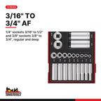 Teng Tools TTAF3212 1/4" & 3/8" Socket Set 12 pt AF TT1 32 Pieces, 1/4" sockets 3/16" to 1/2" and 3/8" sockets 3/8" to 3/4", 