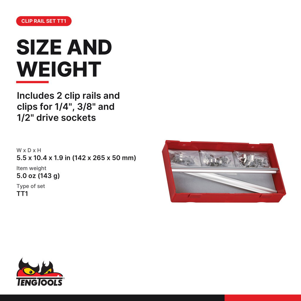 Teng Tools TTALU 32 Piece Aluminum Rail and Socket Clip Tool Set, includes 2 clip rails and clips for 1/4", 3/8" and 1/2"
