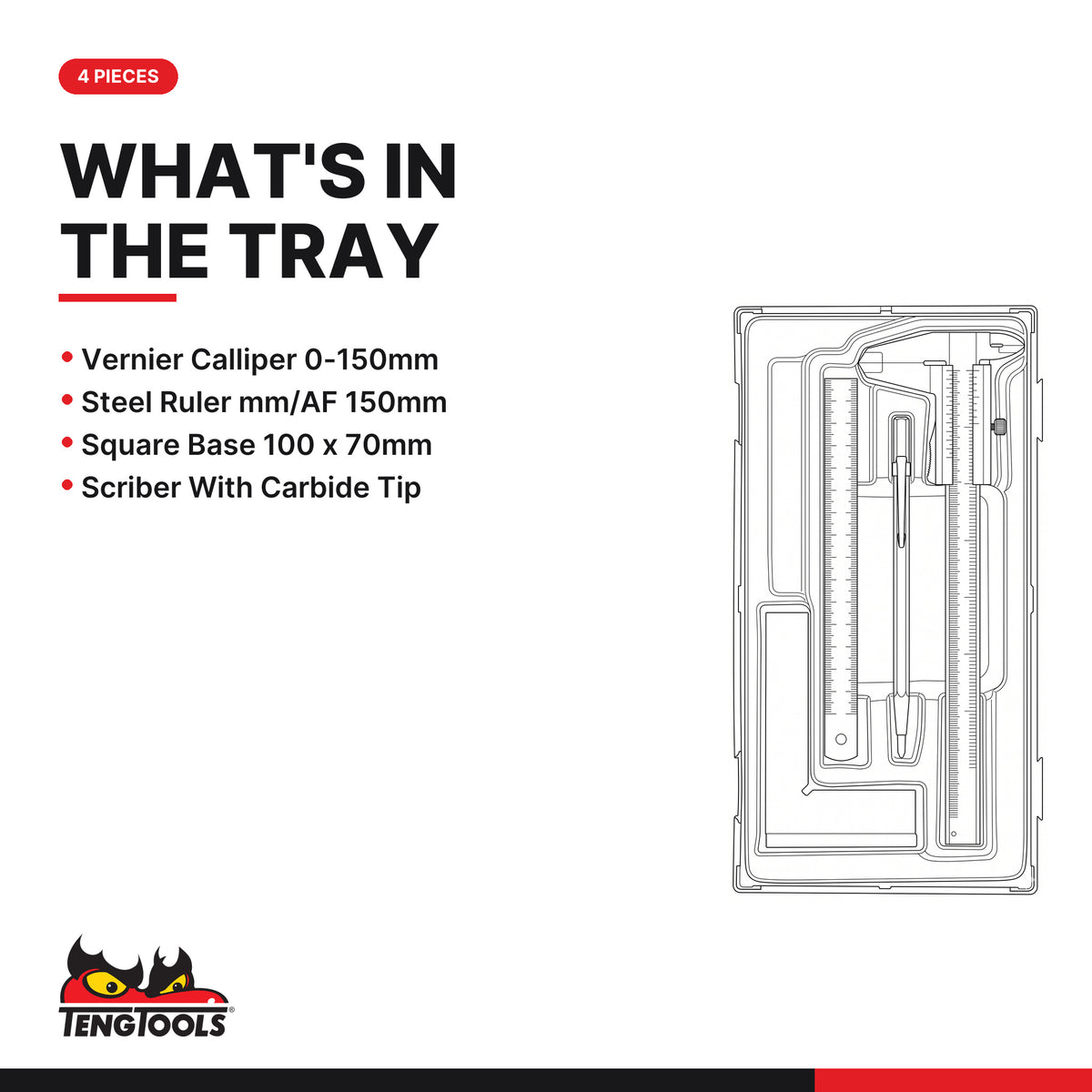 Teng Tools TTBM Measuring Tool Set TT1 4 Pieces, what's in the tray