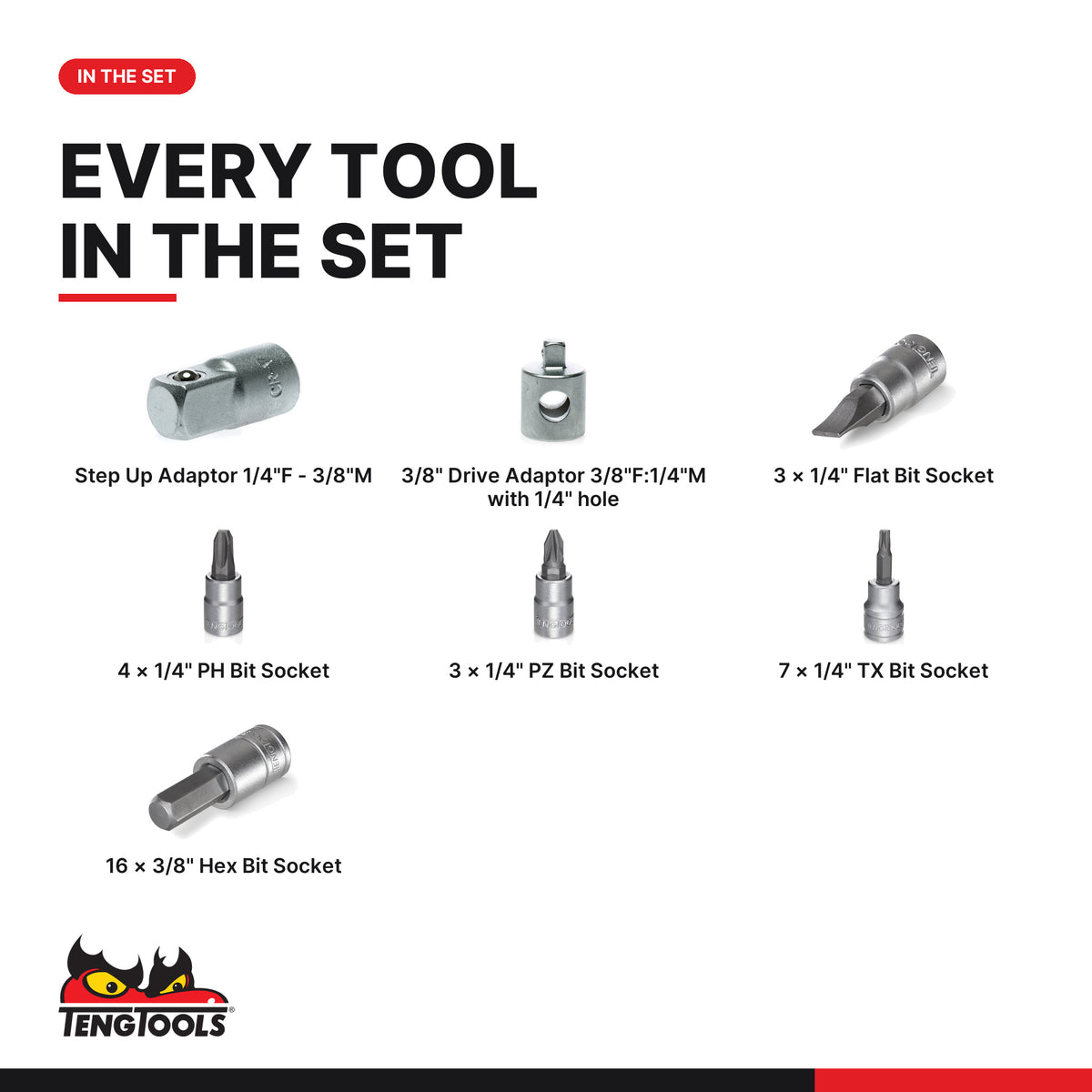 Teng Tools TTBS35 1/4" & 3/8" Bit Socket Set TT1 35 Pieces, every tool in the set