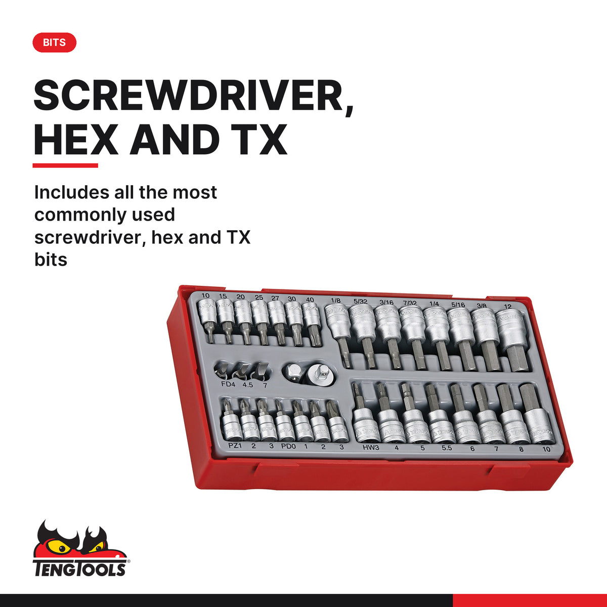 Teng Tools TTBS35 1/4" & 3/8" Bit Socket Set TT1 35 Pieces, includes all the most commonly used screwdriver, hex and tx bits