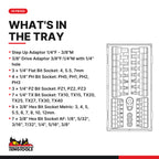 Teng Tools TTBS35 1/4" & 3/8" Bit Socket Set TT1 35 Pieces, what's in the tray