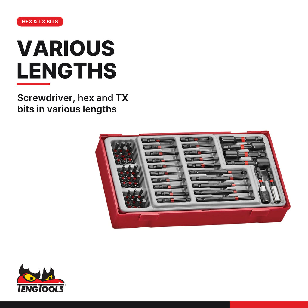 Teng Tools TTBS53 53 Piece 1/4 Inch Drive Impact Screwdriver Bit & Nut, screwdriver, hex and TX bits in various lengths