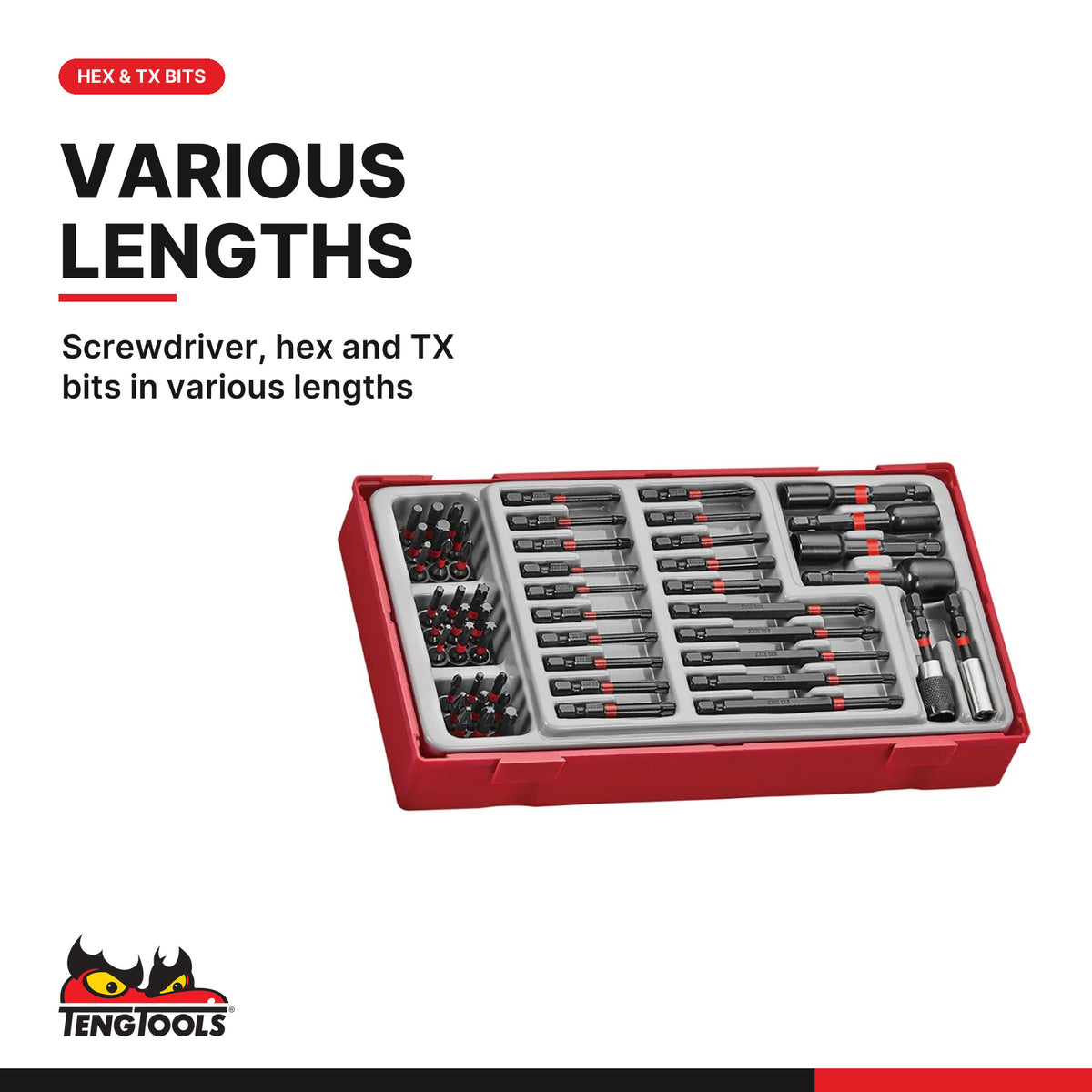Teng Tools TTBS53 53 Piece 1/4 Inch Drive Impact Screwdriver Bit & Nut, screwdriver, hex and TX bits in various lengths