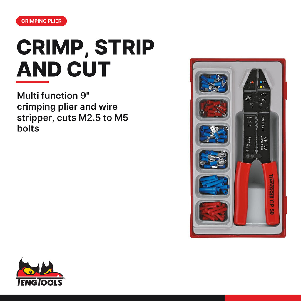 Teng Tools TTCP121 Crimping Plier Set TT1 121 Pieces, multi function 9" crimping plier and wire stripper, cuts m2.5 to m5 bol
