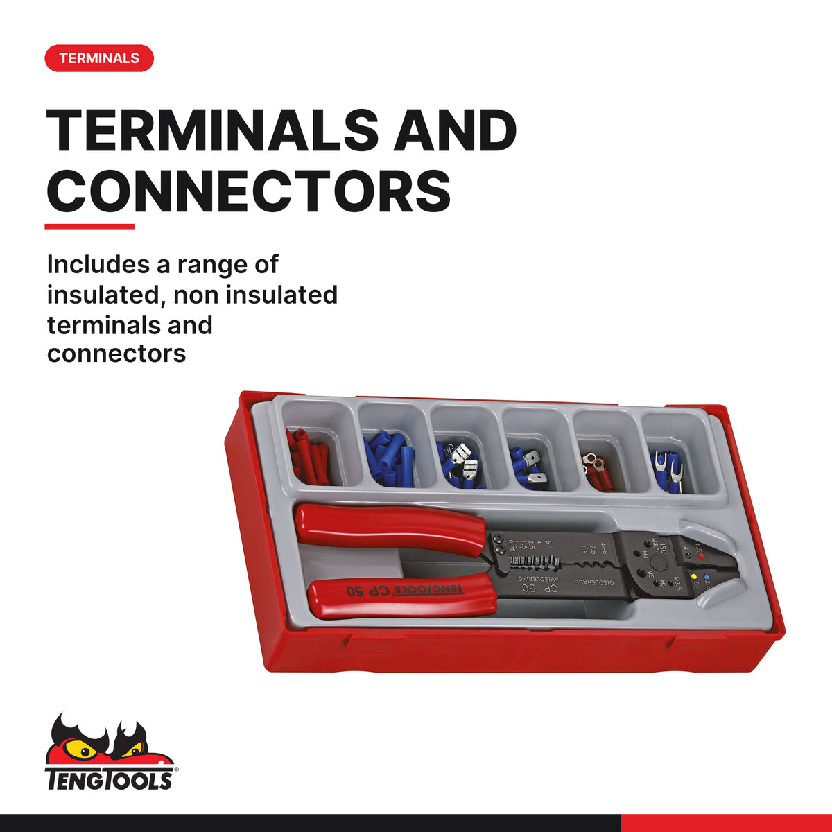 Teng Tools TTCP121 Crimping Plier Set TT1 121 Pieces, includes a range of insulated, non insulated terminals and connectors