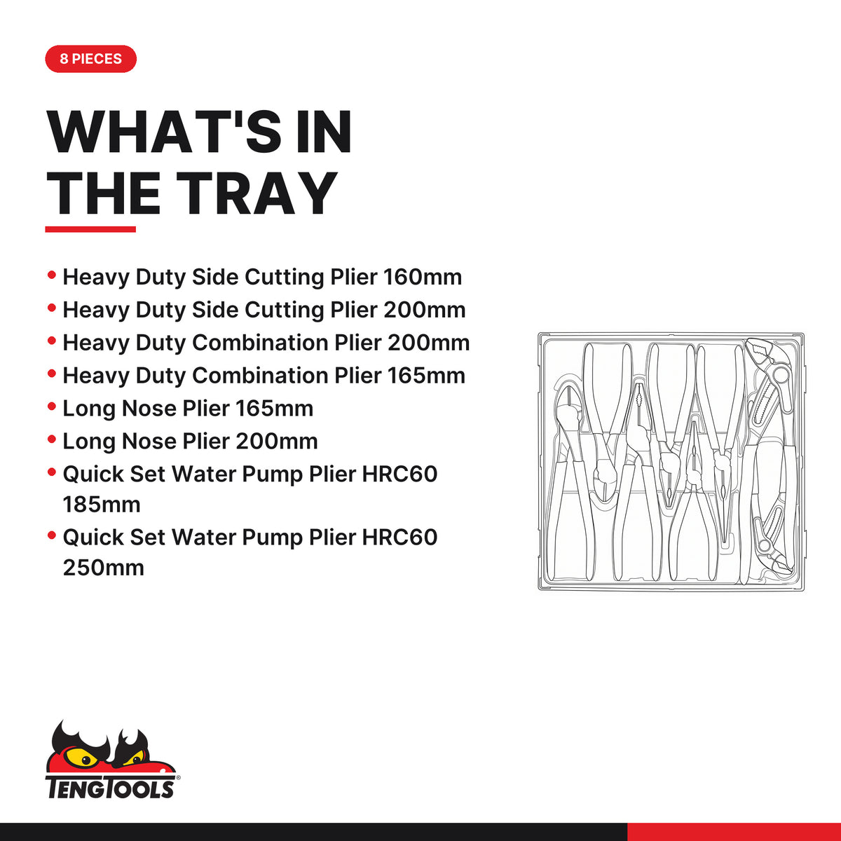 Teng Tools TTD441Q Plier Set Vinyl Grip Q TT2 8 Pieces, what's in the tray