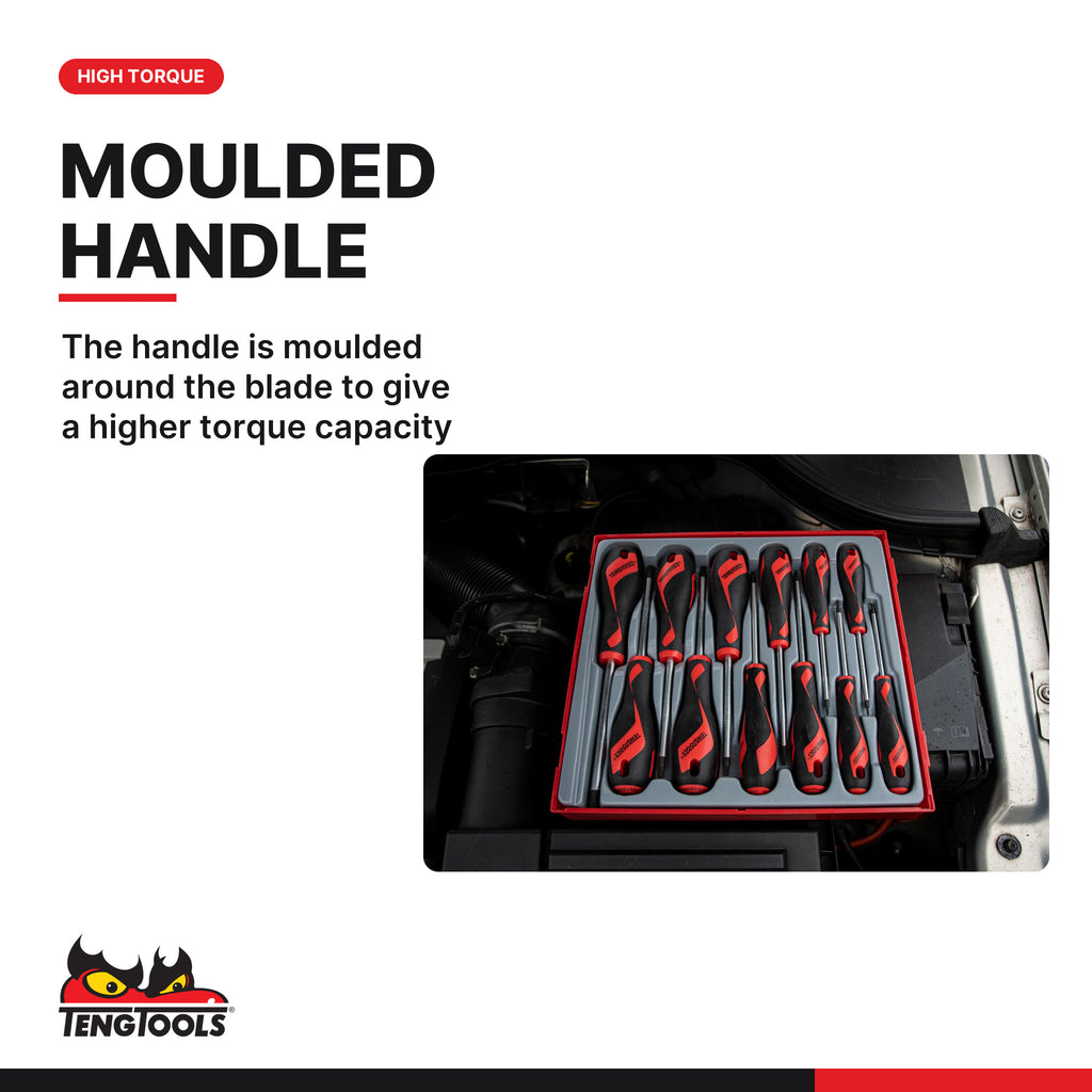 Teng Tools TTD912TXN Screwdriver Set TX TT2 12 Pieces, the handle is moulded around the blade to give a higher torque capacit