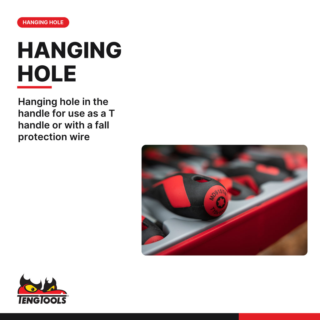 Teng Tools TTD912TXN Screwdriver Set TX TT2 12 Pieces, hanging hole in the handle for use as a t handle or with a fall protec